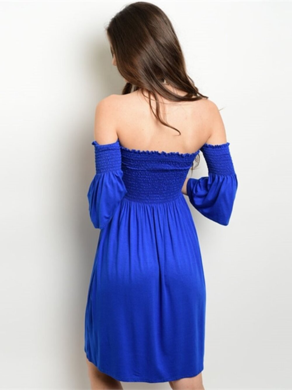 Smocked Dress Women Bodice Off-The-Shoulder Bell Sleeve Knee Length Casual, Blue - Picture 2 of 7